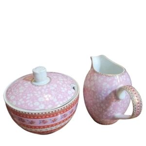 PIP HOME Ribbon Rose Floral Cream & Sugar  Red/Pink Gold Trim Fine Porcelain